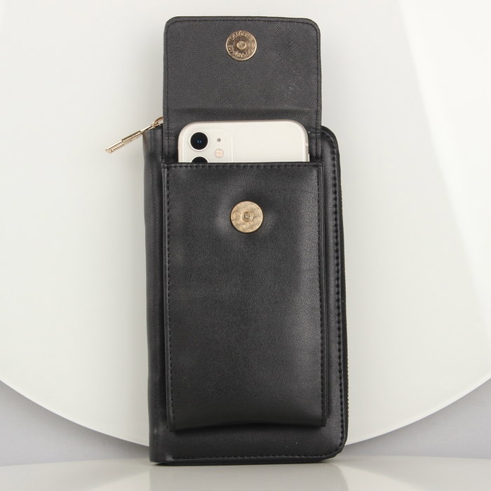 Zoozie Bags Bolsa de Teléfono de Cuero Negra con Billetera y Correa de Cadena Zoozie Bags Bolsa de Teléfono de Cuero Negra con Billetera y Correa de Cadena